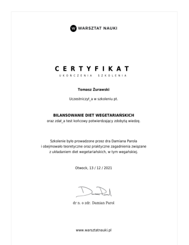 certyfikat - bilansowanie diet wegetariańśkich