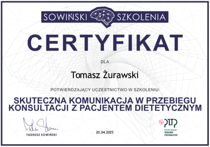 Certyfikat Tomasz Żurawski – Skuteczna komunikacja w konsultacji z pacjentem dietetycznym, szkolenie Sowiński Szkolenia 2025